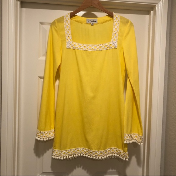 SEATON Retro Yellow Tunic Beach Pool Coverup 100% Cotton PomPon Fringe Size M - Picture 15 of 15